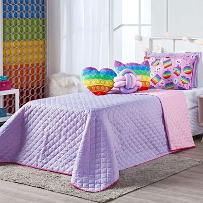 Kit Cobre Leito Colcha Solteiro Pop It Lilás/rosa Dupla Face Com Almofadas Estampadas 06 Peças