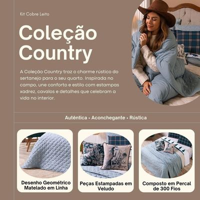 Kit Cobre Leito Colcha King Country Com Almofadas Estampadas 07 Peças - Dupla Face Percal 300 Fios Matelado Cor Verde