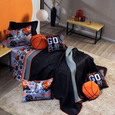 Kit Cobre Leito Colcha Solteiro Basquete Preto/cinza Dupla Face Com Almofadas Estampadas 05 Peças