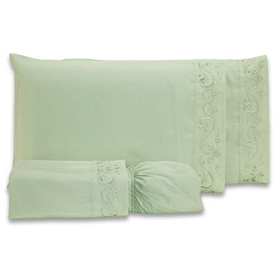 Jogo De Cama Lençol Casal Padrão Blossom Bordado Floral Percal 300 Fios Com Fronhas 04 Peças - Toque Acetinado Cor Verde