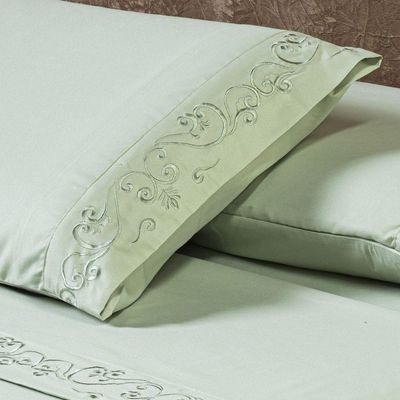 Jogo De Cama Lençol Casal Padrão Blossom Bordado Floral Percal 300 Fios Com Fronhas 04 Peças - Toque Acetinado Cor Verde