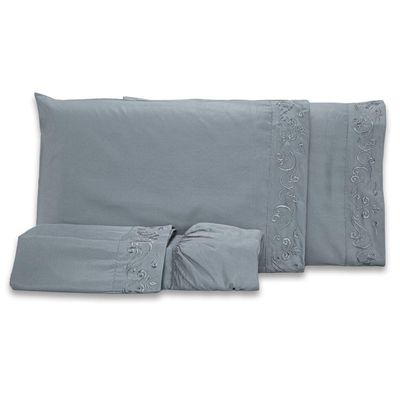 Jogo De Cama Lençol Casal Padrão Blossom Bordado Floral Percal 300 Fios Com Fronhas 04 Peças - Toque Acetinado Cor Cinza