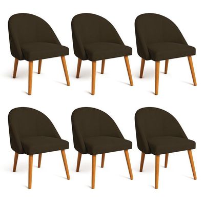 Kit 06 Cadeiras Poltrona De Jantar Luna Suede Marrom Pés Palito Castanho - Pallazio
