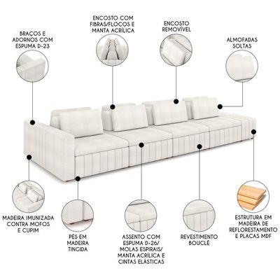 Sofá Ilha E Puff Sala Living 465cm Siesta M22 Boucle Bege Claro - Mpozenato