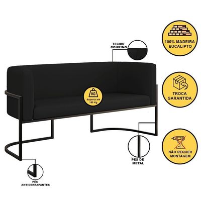 Sofá 2 Lugares Base Metal Preta Reforçada Recepção Corino Preto