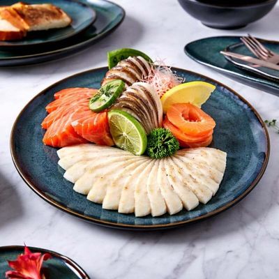 Jogo 12 Pratos Rasos Sushi em Cerâmica Orgânico Oceano Porto Brasil 26,5cm Azul Restaurante Japonês