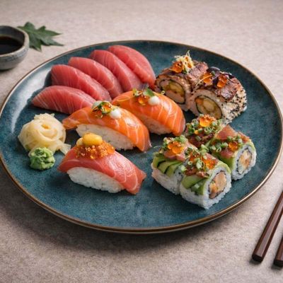 Jogo 6 Pratos Rasos em Cerâmica Orgânico para Sushi Oceano Porto Brasil 26,5cm Azul Sashimi