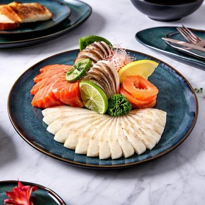 Jogo 6 Pratos Rasos em Cerâmica Orgânico para Sushi Oceano Porto Brasil 26,5cm Azul Sashimi