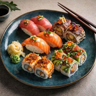 Jogo 6 Pratos Rasos em Cerâmica Orgânico para Sushi Oceano Porto Brasil 26,5cm Azul Sashimi