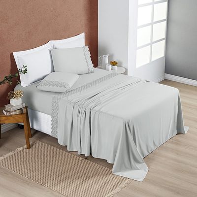 Jogo Cama Lençol Bouclê King Micro Percal 200 Fios c/ Laise Bordada 4 Peças - Cinza Geada