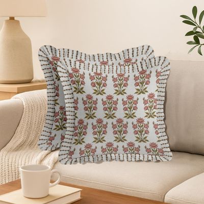 Jogo 2 Capas de Almofada em Sarja de Algodão - Estampa em Bloco Reversível, Babado, Zíper Oculto, Decoração Rústica Fazenda - Vargottam 40,64 Cm × 40,64 Cm – Pacote Com 2 / Branco