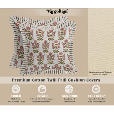 Jogo 2 Capas de Almofada em Sarja de Algodão - Estampa em Bloco Reversível, Babado, Zíper Oculto, Decoração Rústica Fazenda - Vargottam 40,64 Cm × 40,64 Cm – Pacote Com 2 / Branco