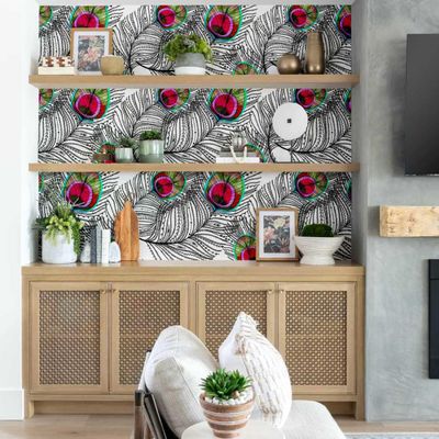 Papel de Parede Autoadesivo Boho Penas de Pavão Vinílico Impermeável Rosa Removível, Adequado para Inquilinos, Quarto e Sala - S4sassy 63,5 cm (L) × 914,4 cm (C) / Rosa - Vinil Liso