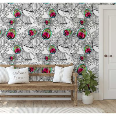 Papel de Parede Autoadesivo Boho Penas de Pavão Vinílico Impermeável Rosa Removível, Adequado para Inquilinos, Quarto e Sala - S4sassy 63,5 cm (L) × 914,4 cm (C) / Rosa - Vinil Liso