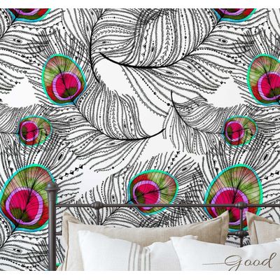 Papel de Parede Autoadesivo Boho Penas de Pavão Vinílico Impermeável Rosa Removível, Adequado para Inquilinos, Quarto e Sala - S4sassy 63,5 cm (L) × 914,4 cm (C) / Rosa - Vinil Liso