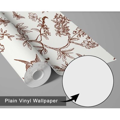 Papel de Parede Autoadesivo Botânico Pássaros e Flores, Marrom, Vinil Removível DIY para Parede de Destaque da Entrada - S4sassy 63,5 cm (L) × 304,8 cm (C) / Marrom - Vinil Texturizado