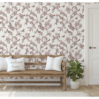 Papel de Parede Autoadesivo Botânico Pássaros e Flores, Marrom, Vinil Removível DIY para Parede de Destaque da Entrada - S4sassy 63,5 cm (L) × 304,8 cm (C) / Marrom - Vinil Texturizado
