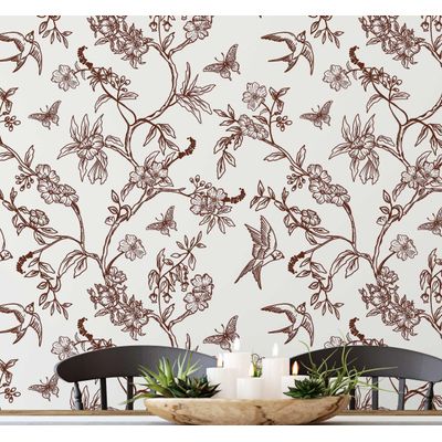 Papel de Parede Autoadesivo Botânico Pássaros e Flores, Marrom, Vinil Removível DIY para Parede de Destaque da Entrada - S4sassy 63,5 cm (L) × 304,8 cm (C) / Marrom - Vinil Texturizado