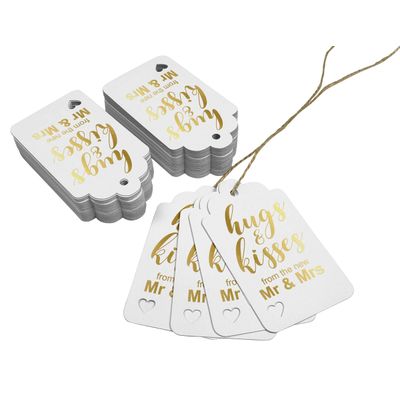 Etiquetas de Papel 'Abraços e Beijos' para Lembrancinha de Casamento, Penduradas em Foil Artesanal - Inkdotpot 100 Etiquetas Metalizadas / Branco - Ouro Rosé