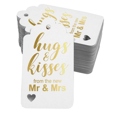 Etiquetas de Papel 'Abraços e Beijos' para Lembrancinha de Casamento, Penduradas em Foil Artesanal - Inkdotpot 100 Etiquetas Metalizadas / Branco - Ouro Rosé