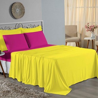 Jogo De Cama Casal Viúva Nobre 4 Peças Malha 100% Algodão - Amarelo / Pink