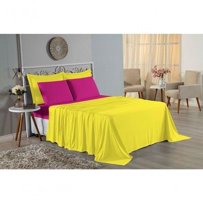 Jogo De Cama Casal Viúva Nobre 4 Peças Malha 100% Algodão - Amarelo / Pink