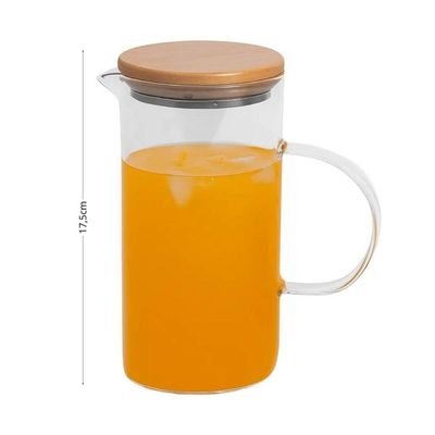 Jarra de Vidro 750ml com Alça Tampa Bambu Linha Borea Oikos Bico em V Suco Água Bebidas
