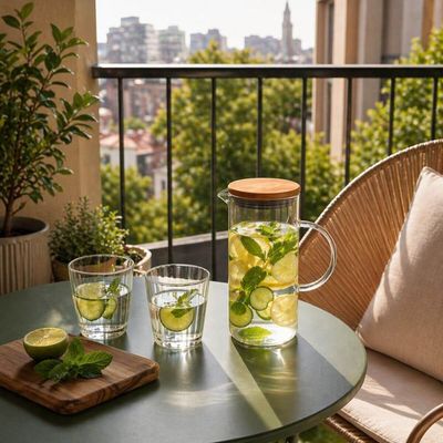 Jarra de Vidro 750ml com Alça Tampa Bambu Linha Borea Oikos Bico em V Suco Água Bebidas