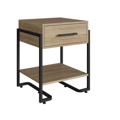 Criado Mudo Quarto Industrial Moderno 49cm Mesa de Cabeceira Oak Metal Preto Placa e Ponto