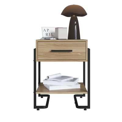 Criado Mudo Quarto Industrial Moderno 49cm Mesa de Cabeceira Oak Metal Preto Placa e Ponto