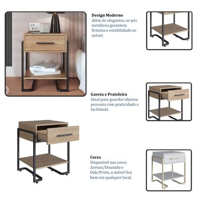 Criado Mudo Quarto Industrial Moderno 49cm Mesa de Cabeceira Oak Metal Preto Placa e Ponto
