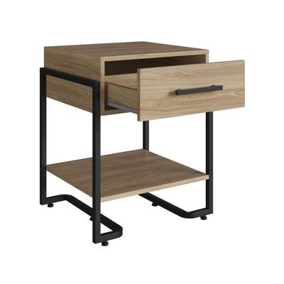 Criado Mudo Quarto Industrial Moderno 49cm Mesa de Cabeceira Oak Metal Preto Placa e Ponto