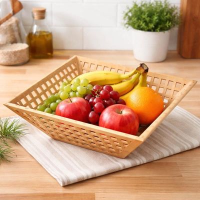 Fruteira Vazada de Bambu Natural Oikos Trama 28,5x10cm Pães Legumes Organiza e Decora