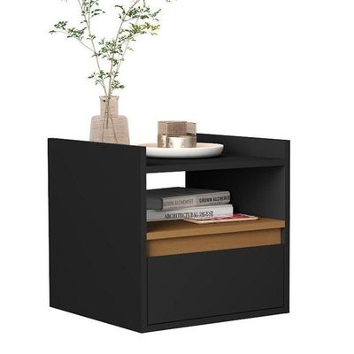Mesa De Cabeceira Minerva Slim Suspensa Com Porta Basculante E Nicho Preto/cedro
