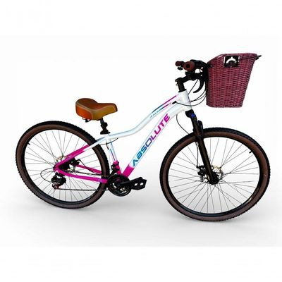 Bicicleta Aro 29 Feminina Absolute Hera Retrô Vintage 21v Confortável Cesta Selim 2 Molas - Branco/rosa Tam 17