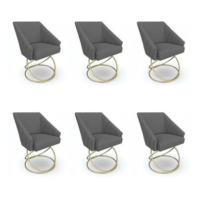 Kit 6 Poltronas Luxo Alana Linho Grafite Base Luxo Dourado - Pallazio