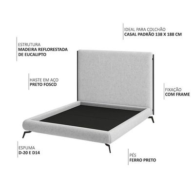 Cama Casal Pés Ferro Emma Com Cabeceira Parise Linho Cinza Claro - Nexta Casa
