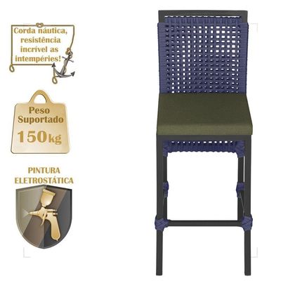 Mesa Bistro E 4 Banquetas Roma Preta Corda Náutica 13 Azul