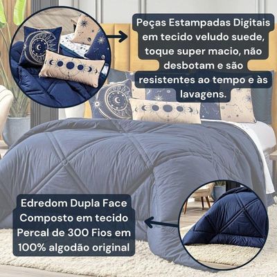 Kit Edredom Solteiro Constelações Azul Marinho Com Almofadas 05 Peças - Dupla Face Percal 300 Fios 100% Algodão Original
