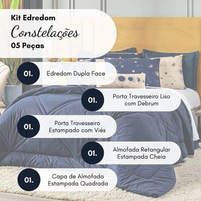 Kit Edredom Solteiro Constelações Azul Marinho Com Almofadas 05 Peças - Dupla Face Percal 300 Fios 100% Algodão Original