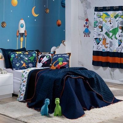 Kit Cobre Leito Colcha Queen Astrodino Azul Marinho/preto Dupla Face Com Almofadas Estampadas 07 Peças