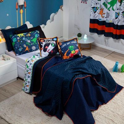 Kit Cobre Leito Colcha Queen Astrodino Azul Marinho/preto Dupla Face Com Almofadas Estampadas 07 Peças