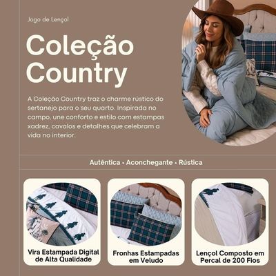 Jogo De Cama Lençol Queen Country Com Fronhas Estampadas 04 Peças - Tecido Percal 200 Fios Cor Verde