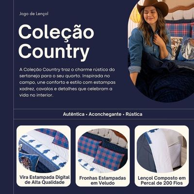 Jogo De Cama Lençol King Country Com Fronhas Estampadas 04 Peças - Tecido Percal 200 Fios Cor Azul