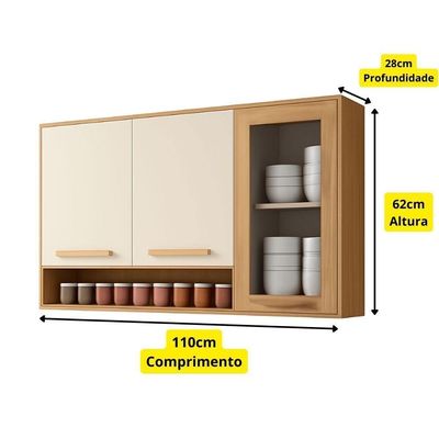 Armário Aéreo Cozinha Athenas 3 Portas Mobilihouse Cinamomo/off White Acetinado