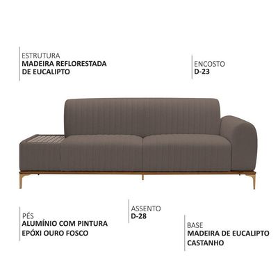 Sofá Molino 3 Lugares 210cm C/mesa Auxiliar Direito Pés Ouro.f Bouclé Marrom - Nexta Casa