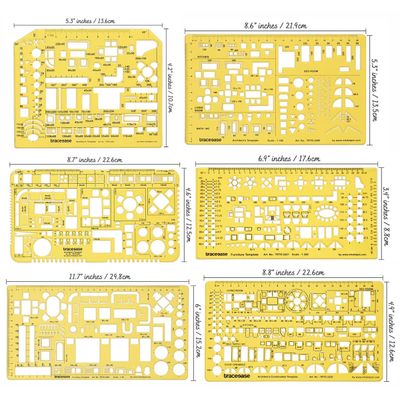 Traceease 6 Peças, Gabaritos para Planta de Casa e Mobiliário (Cozinha/Quarto/Banheiro) - Ferramentas de Desenho Arquitetônico - IBA Crafts Amarelo