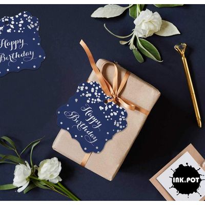 Etiquetas Pendentes 'Feliz Aniversário' para Lembrancinha em Formato de Colchete, Metalizadas para Bomboniere - Inkdotpot 50 Etiquetas Metalizadas / Azul - Prata