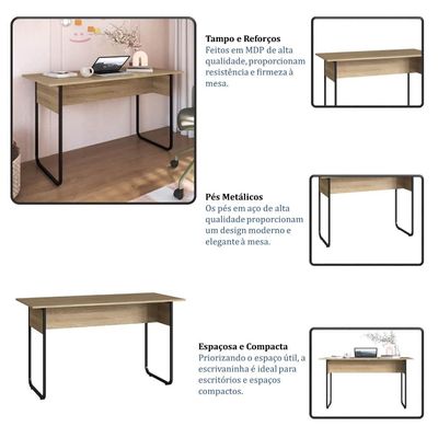 Mesa Escrivaninha para Notebook Estudo Escritório Quarto 135cm Oak Preto Industrial Placa e Ponto