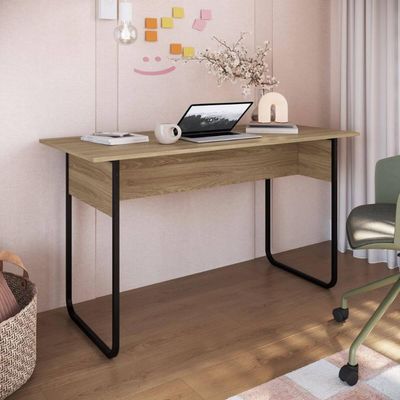 Mesa Escrivaninha para Notebook Estudo Escritório Quarto 135cm Oak Preto Industrial Placa e Ponto